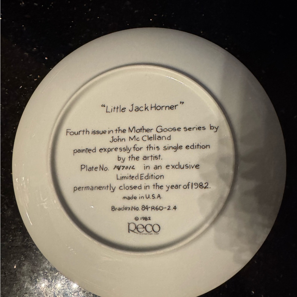 “Little Jack Horner” vintage collector plate by John McClelland Reco Int 1981 - Picture 4 of 4